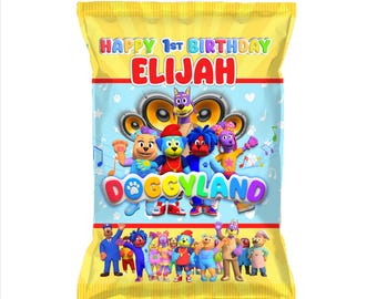 May include: A rectangular yellow snack bag featuring the text HAPPY 1ST BIRTHDAY ELIJAH and DOGGYLAND. The design displays colourful cartoon dog characters, musical notes, and hearts against a light blue background with large speakers.