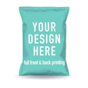 May include: A turquoise blue blank chip bag with the text "YOUR DESIGN HERE" and "full front & back printing" in white.