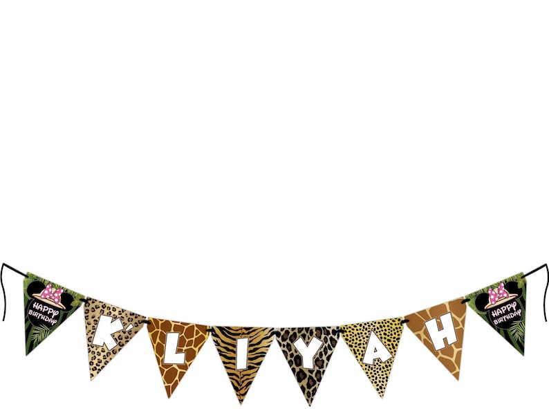 May include: A triangular banner with the name "KLIYAH" spelled out in white letters on a jungle animal print background. The banner has a "Happy Birthday" flag on each end with a cartoon mouse wearing a pink hat.