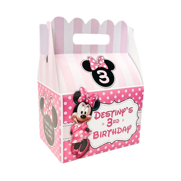 Fiesta de cumpleaños de Minnie Mouse con lunares rosas, cajas de regalo personalizadas tipo gable, paquete de 8