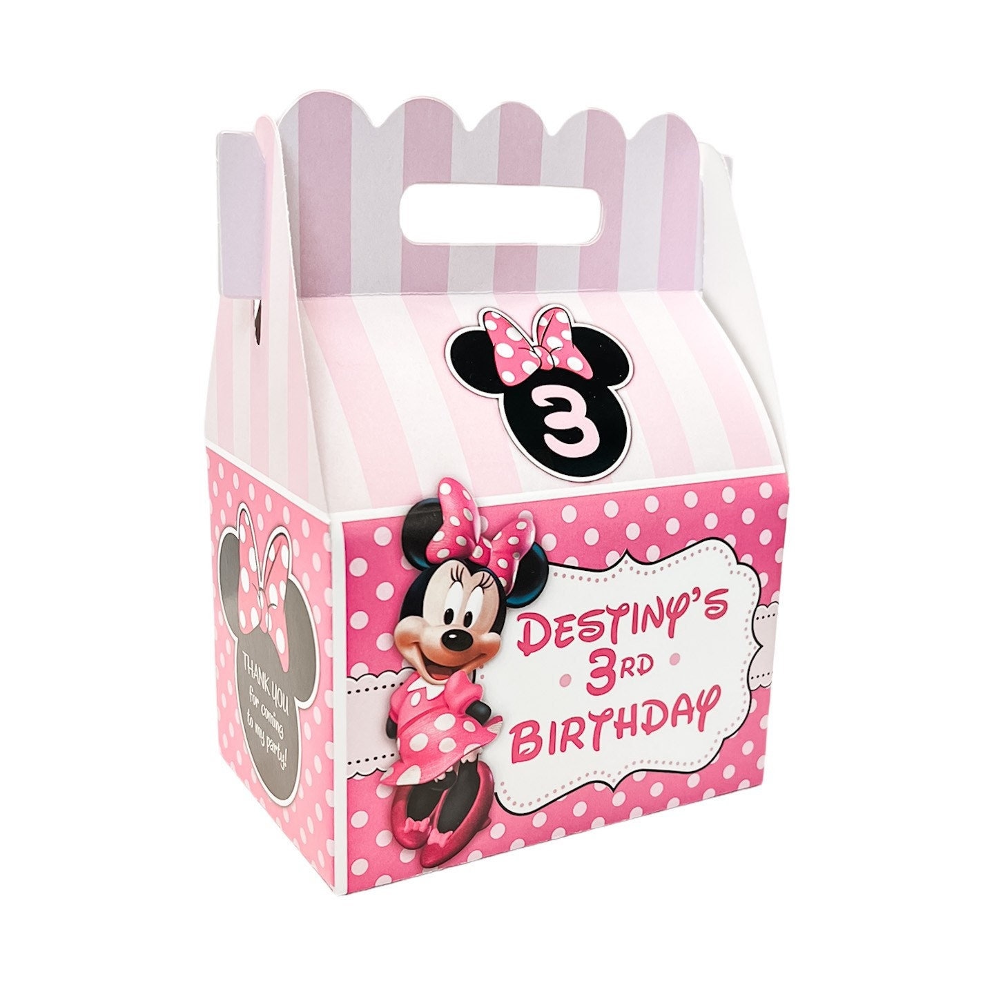 Minnie mouse pinky dot birthday party, personalized gable favor boxes, pack of 8