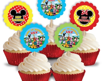 Fête d'anniversaire du clubhouse Mickey Mouse, décorations de cupcakes personnalisées, lot de 12