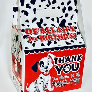 May include: A red and white favor box with a Dalmatian dog design. The box has a handle and says "De'allah's 3rd Birthday" and "Thank You for coming to my paw-ty!"