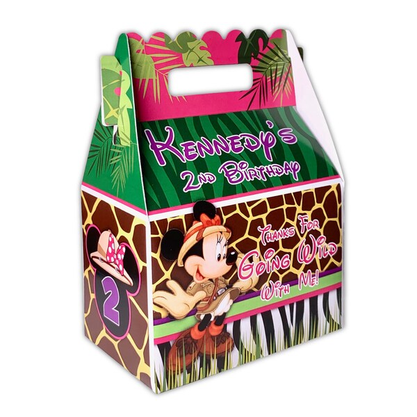 Minnie Mouse Jungle Safari PINK Birthday Party, Personalized Gable Favor Boxes, pack of 8