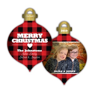 Buffalo Checks Plaid Photo Christmas Card Ornament Die Cut, Set of 12 PRINTED CARDS