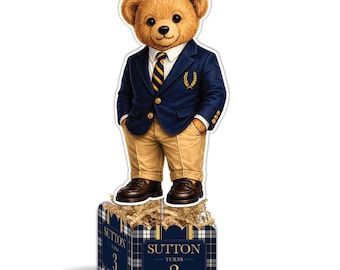 Preppy Dressed Bear Navy Plaid Party Table Centerpiece