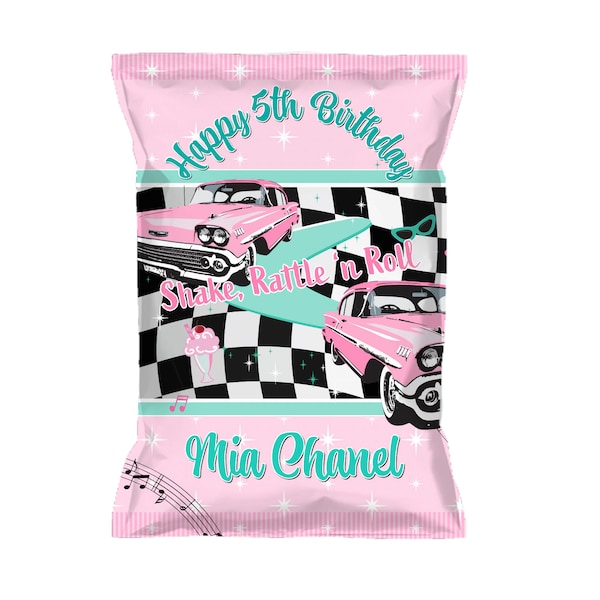 50's Diner Vintage Rock 'n Roll Party Personalize pack of 12 Custom Chip Bags, Snack Pouches