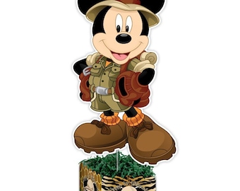 Centro de mesa personalizado para fiesta de cumpleaños de Mickey Mouse Jungle Safari. ELIGE EL personaje.