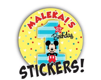 Mickey First Birthday Stickers: Personalized DIY Favors, 12count