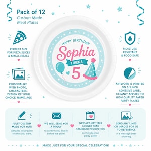 May include: A pack of 12 custom meal plates featuring a light blue and white design with the text Happy Birthday Sophia Turns 5, a pink party hat, and a balloon. The artwork is printed on a 5.5 inch adhesive label applied to paper party plates.