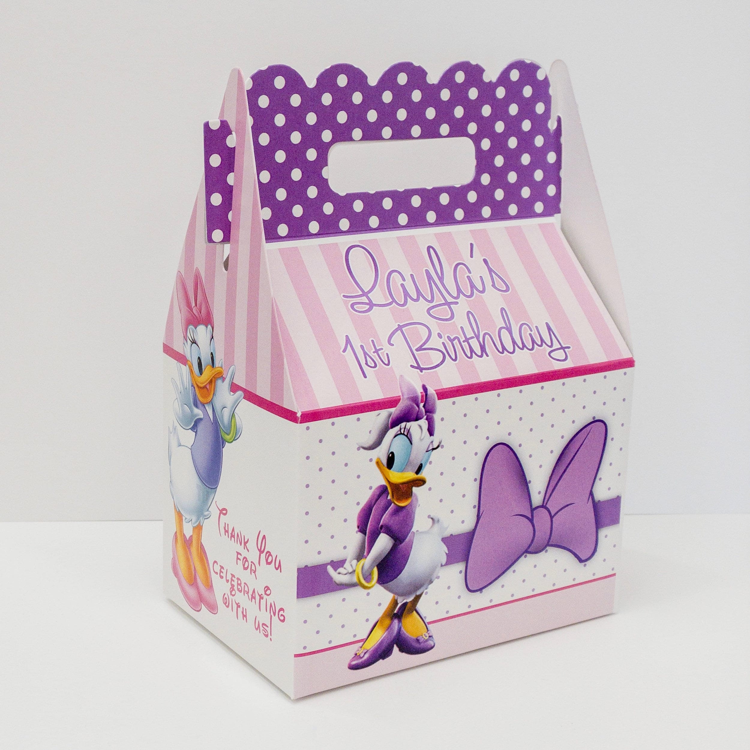 Daisy duck purple & pink birthday party, personalized gable favor boxes, pack of 8