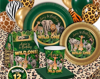 Wild ONE Jungle Safari Birthday Party Pack, BASIC Party Bundle for 12 Guests