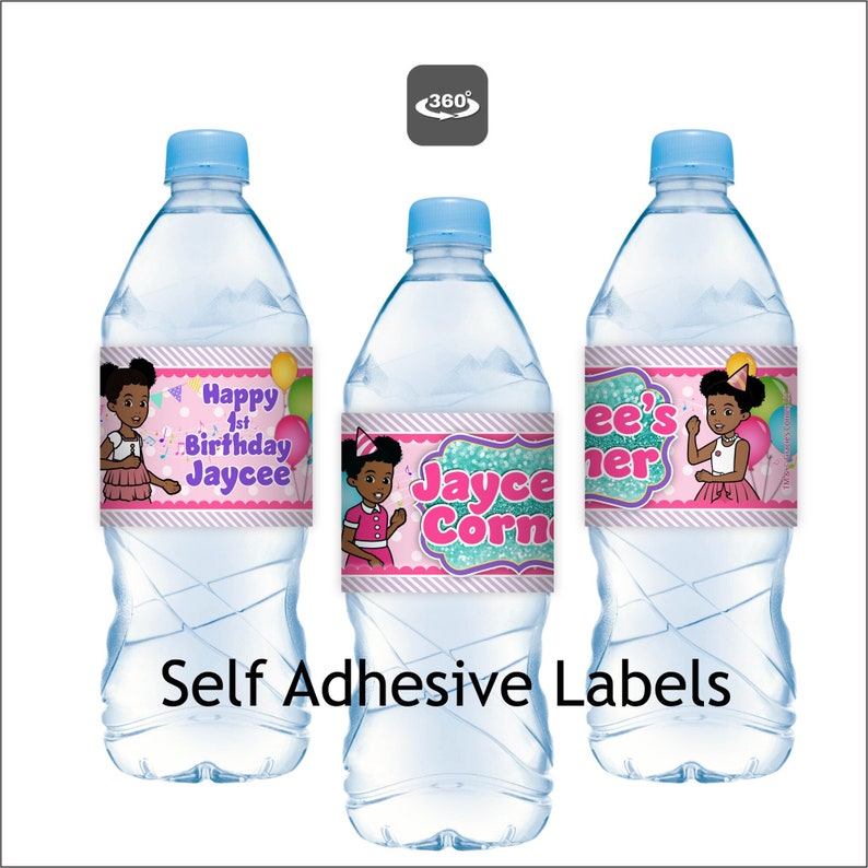 Gracie's Corner Birthday pink Party for girls, custom water bottle labels personalized for your birthday girl. African American girl birthday party, Gracie Corner Party decorations, drink labels, water label, Gracie's Corner Party Supplies on sale