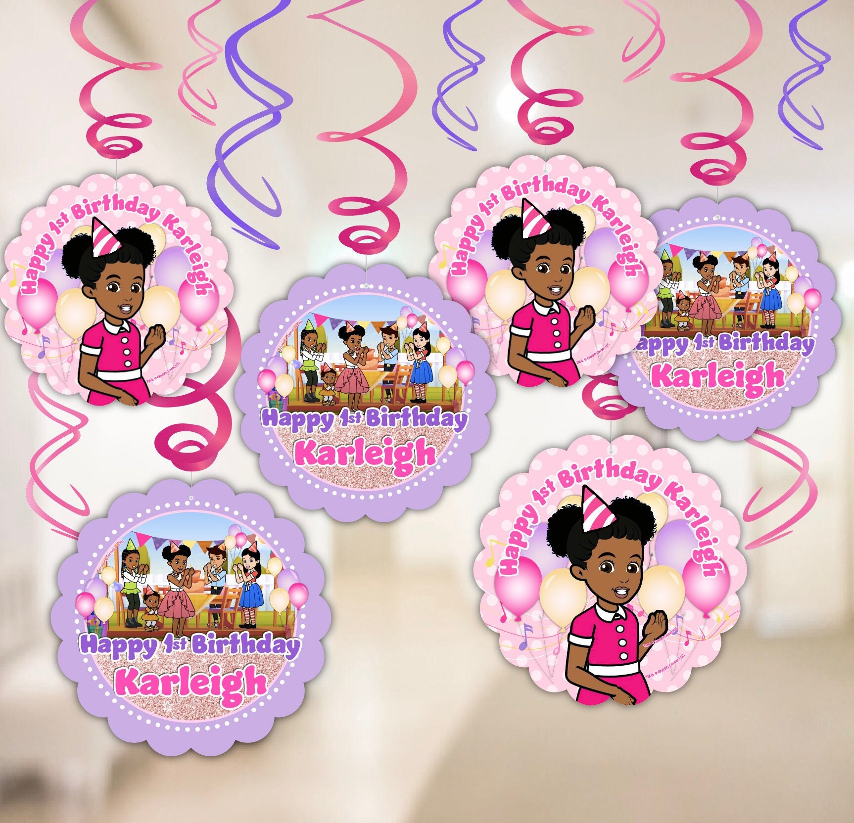 Gracie's Corner Party Decorations, Personalized Dangler Swirls, Hanging