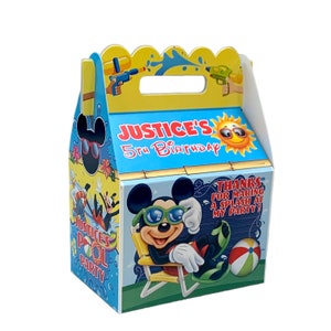 May include: A blue and yellow favor box with a Mickey Mouse character wearing sunglasses and a beach chair. The box has the text "Justice's 5th Birthday" and "Thanks for making a splash at my party!"