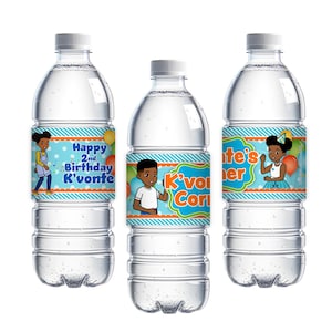 Gracie's Corner Birthday Party for boys, custom water bottle labels personalized for your birthday boy. African American boy birthday party, Gracie Corner Party decorations, drink labels, water label, Gracie's Corner Party Supplies on sale