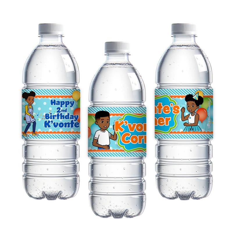 Gracie's Corner Birthday Party for boys, custom water bottle labels personalized for your birthday boy. African American boy birthday party, Gracie Corner Party decorations, drink labels, water label, Gracie's Corner Party Supplies on sale