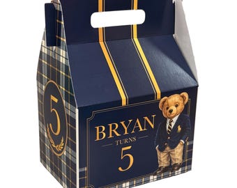 Preppy Teddy Bear with Plaid Favor Boxes - Personalized Gable Boxes, Pack of 8