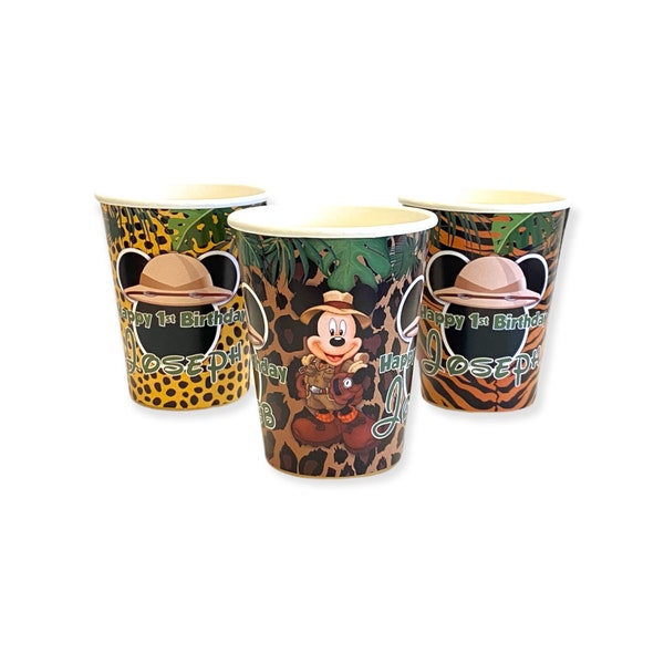 Mickey Mouse Safari Jungle Birthday Party, Personalized Party Cups, pack of 12
