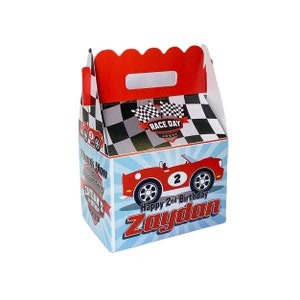 Vintage red race car checkered flag birthday party, personalized gable favor boxes, pack of 8