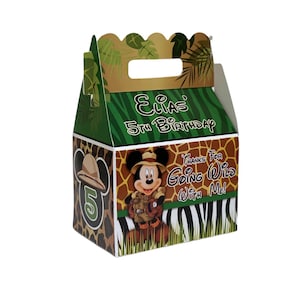 Mickey mouse safari jungle birthday party, qty 8 personalized gable favor boxes