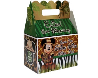 Mickey mouse safari jungle birthday party, qty 8 personalized gable favor boxes