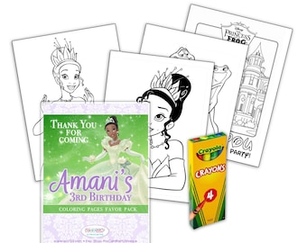 May include: A set of colouring pages featuring the Disney Princess and the Frog characters, including Tiana, Naveen, and a frog. The set includes a booklet with a green background and a purple border, featuring a picture of Tiana in her princess dress. The booklet has the text "Thank You for Coming Amani's 3rd Birthday Colouring Pages Favour Pack" on the front. The set also includes four colouring pages and a box of four Crayola crayons.