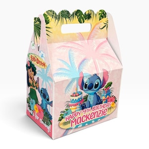 May include: A pink cardboard party favor box featuring Lilo and Stitch graphics, palm trees, and a birthday cake. The text reads "Disney Lilo & Stitch", "Thanks for coming!", and "HAPPY 9TH BIRTHDAY MACKENZIE". The box has a handle and scalloped top edge.