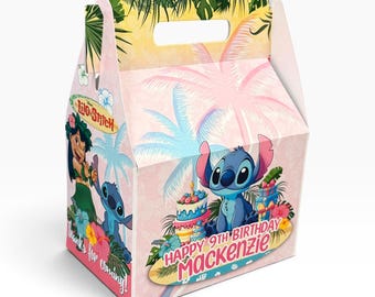 Lilo & Stitch Birthday Luau, Personalized Gable Favor Boxes, pack of 8