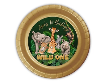 Wild ONE jungle safari animals, personalized cake plates, pack of 12