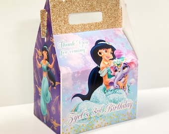 Princess Jasmine Aladdin Birthday Party, QTY 8 Personalized Gable Favor Boxes