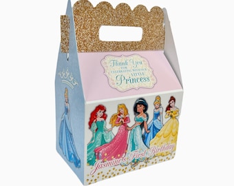 Disney Princess Ariel Aurora Jasmine Cinderella Belle ONLY Birthday Personalized Qty 8 Gable Favor Goody Boxes