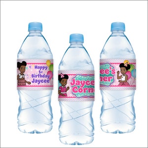 Gracie's Corner Birthday pink Party for girls, custom water bottle labels personalized for your birthday girl. African American girl birthday party, Gracie Corner Party decorations, drink labels, water label, Gracie's Corner Party Supplies on sale