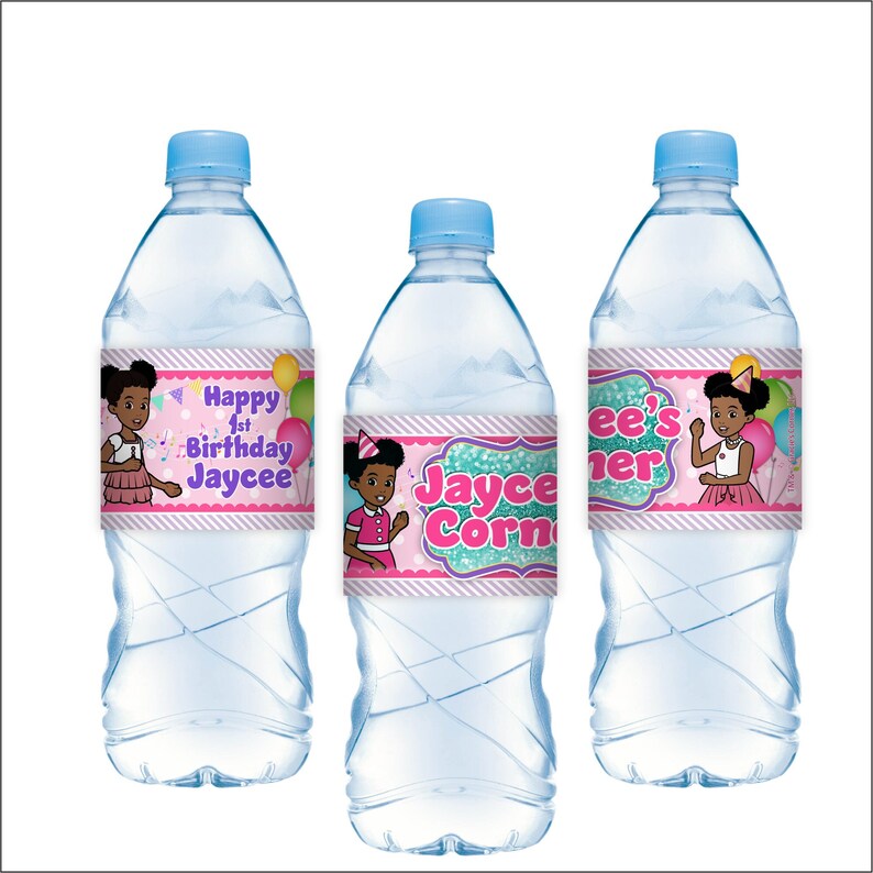 Gracie's Corner Birthday pink Party for girls, custom water bottle labels personalized for your birthday girl. African American girl birthday party, Gracie Corner Party decorations, drink labels, water label, Gracie's Corner Party Supplies on sale