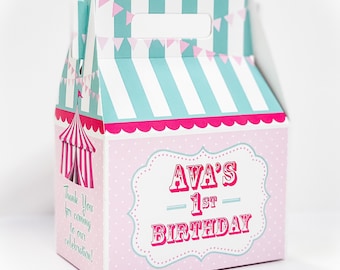 Circus Carnival Party Pink & Aqua, Personalized Gable Favor Boxes, pack of 8