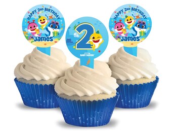 Baby Shark Personalized Cupcake Toppers, pack of 12