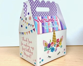 Magical Unicorn Birthday Party, Personalized Gable Favor Boxes, pack of 8