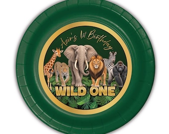 Wild ONE jungle safari animals, personalized meal plates, pack of 12