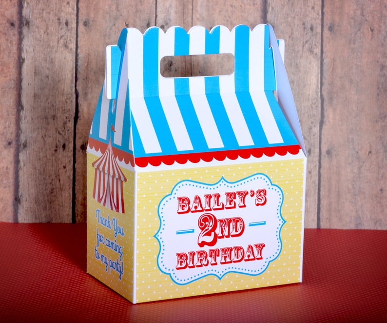 Circus Carnival Party, Personalized Gable Favor Boxes, pack of 8 image 1