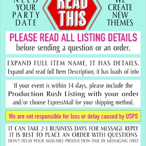 Puede incluir: Gr&aacute;fico turquesa y blanco con texto. El texto incluye frases como "Necesitamos la fecha de tu fiesta", "Lee esto" y "&iexcl;S&iacute;! Creamos nuevos temas". Otro texto aconseja leer los detalles del anuncio antes de realizar el pedido.