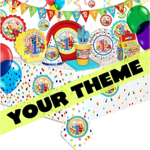 May include: A colorful first birthday party set with a 'Your Theme' banner, featuring a cartoon animal theme. The set includes plates, cups, napkins, a tablecloth, and a banner. The colors are red, yellow, blue, green, and white.