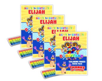 May include: Four rectangular colouring page favour packs featuring the text HAPPY 1ST BIRTHDAY ELIJAH and DOGGYLAND. Each pack includes colourful cartoon dog characters, musical speakers, and a small clear plastic sleeve containing four wax crayons.