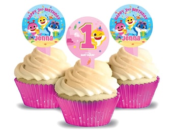 Baby Shark GIRL Personalized Cupcake Toppers, pack of 12