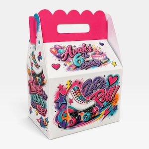 May include: A white cardboard gable box with a bright pink handle featuring colorful roller skate graphics, hearts, stars, and lightning bolts. The text reads Avah's 6th Birthay, Let's Roll!, and Thanks for rolling with me in vibrant, multi-colored fonts.
