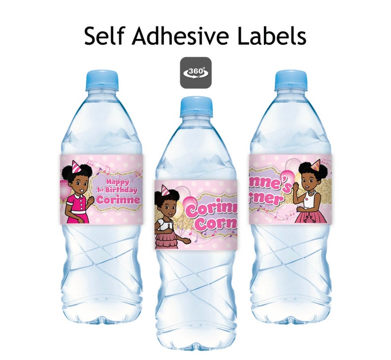 Gracie's Corner Birthday pink Party for girls, custom water bottle labels personalized for your birthday girl. African American girl birthday party, Gracie Corner Party decorations, drink labels, water label, Gracie's Corner Party Supplies on sale