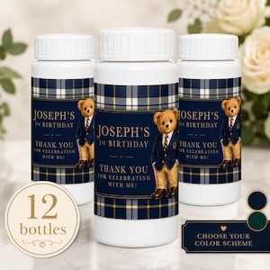 May include: Three white plastic bubble bottles with labels featuring a navy blue and white plaid pattern, a teddy bear wearing a navy blazer and tan pants, and the text "Joseph's 1st Birthday, Thank You For Celebrating With Me!" A circular badge indicates 12 bottles.
