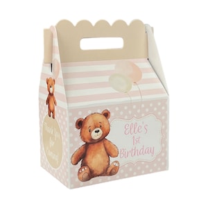 Teddy Bear 1st Birthday Favor Boxes: Pink & Tan Gable Boxes (Set of 8)