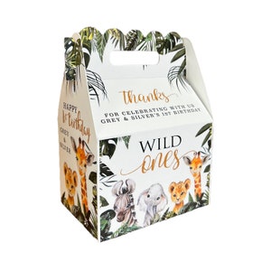 Wild One or Two Wild or Wild and Three Jungle Animals elegant safari Birthday Party, Qty 8 Personalized Gable Favor Boxes