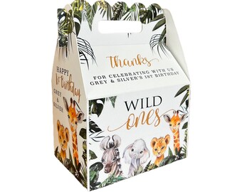 Wild One or Two Wild or Wild and Three Jungle Animals elegant safari Birthday Party, Qty 8 Personalized Gable Favor Boxes