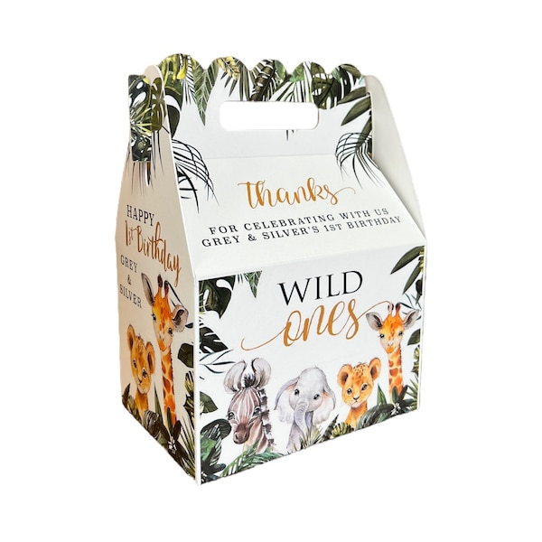 Wild One or Two Wild or Wild and Three Jungle Animals elegant safari Birthday Party, Qty 8 Personalized Gable Favor Boxes
